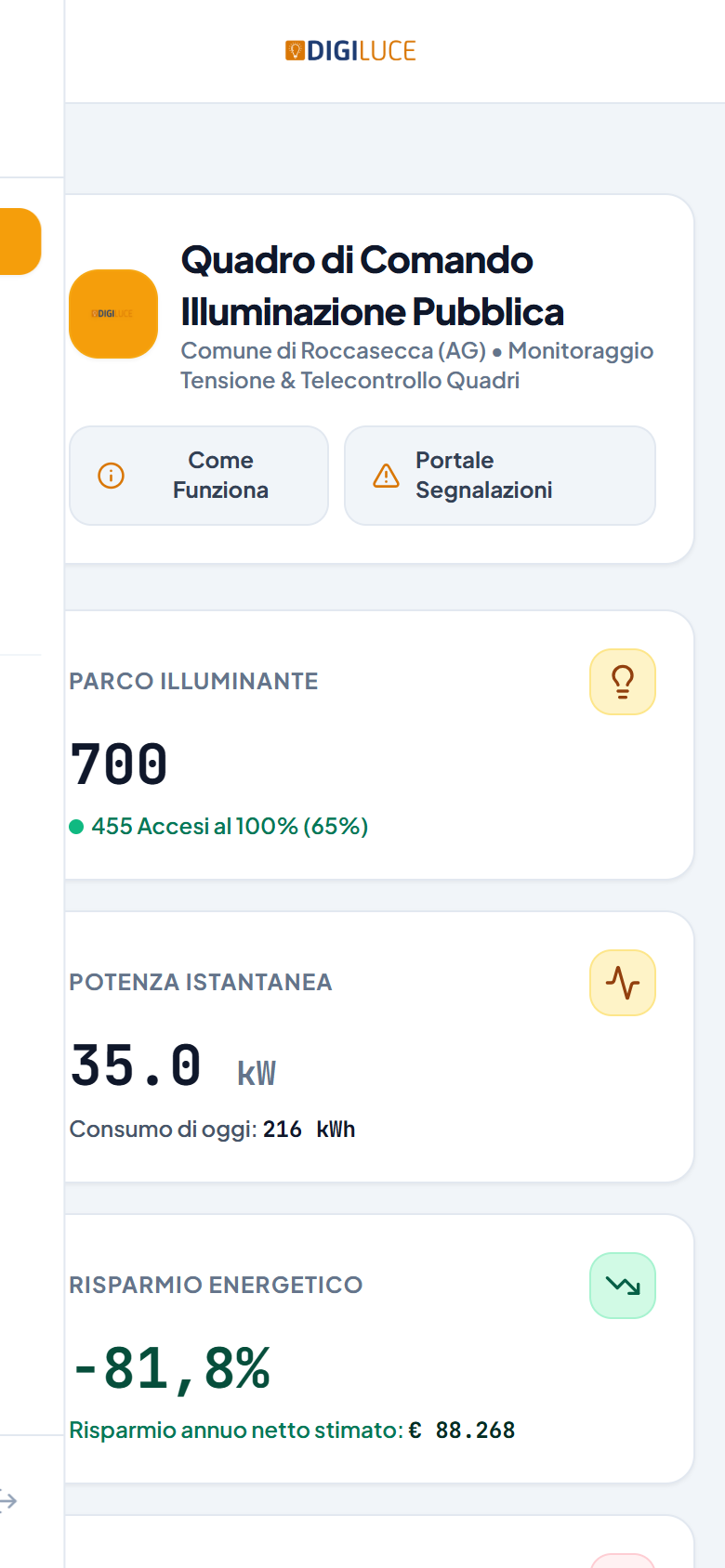 Lo stesso quadro di comando visto da smartphone